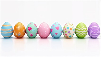 Obraz premium Colorful decorated Easter eggs in row showing various patterns including stripes flowers hearts and polka dots