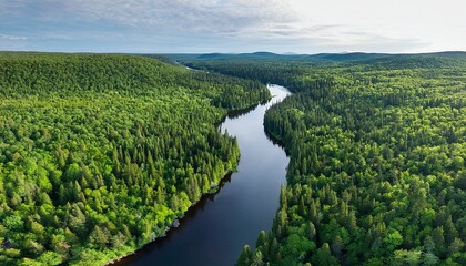 aerial view of the forest in algonquin park canada with green trees and a river and