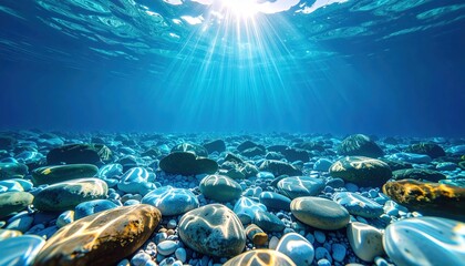 Underwater scene with sunlight and rocks with ocean floor background.