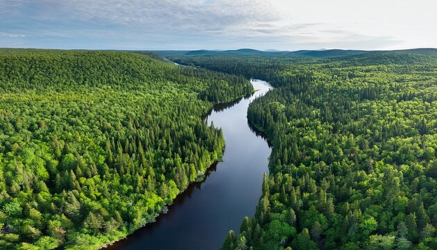 aerial view of the forest in algonquin park canada with green trees and a river and