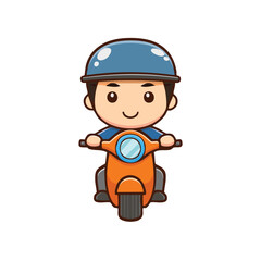 Cartoon style delivery person riding an orange scooter, ready for service. The person wearing a blue helmet, looking friendly and professional.