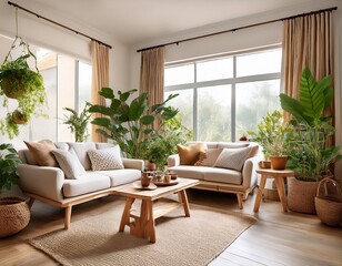 bright and inviting living room with cozy seating potted plants and natural wooden furniture perfect for relaxation and comfort