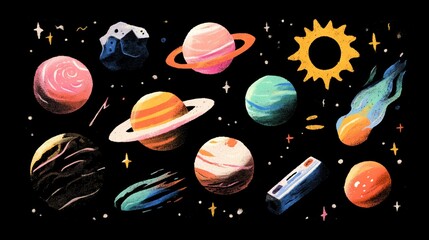 space themed sticker sheet with planets stars comets and asteroids