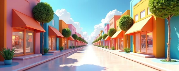 Vibrant illustration of colorful shops forming street scene. Modern architecture with bright awnings, windows displays merchandise. Concept for, online shopping hubs, virtual commerce environments.
