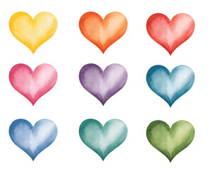 Watercolor heart collection of colorful designs, isolated on a clean white background. 