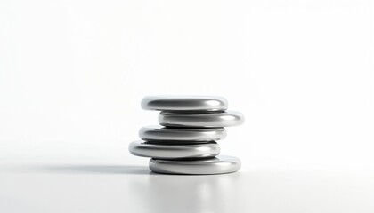 Stack of five metallic discs, likely chrome silver, representing data storage technology. Clean, sleek 3D render on white background. Abstract design digital information, servers, system