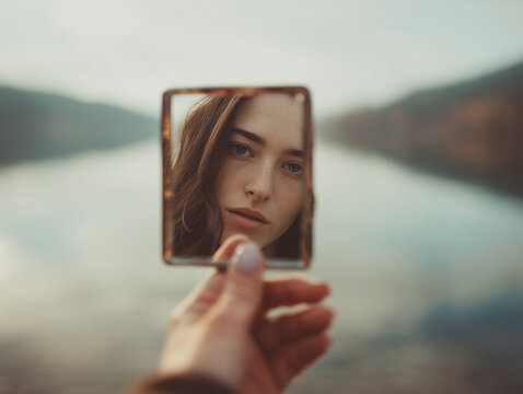 Mano sostiene un espejo peque&ntilde;o que refleja parte del entorno y del individuo, en un paisaje sereno que simboliza la introspecci&oacute;n, el autoconocimiento y la conexi&oacute;n emocional entre mente, naturaleza 