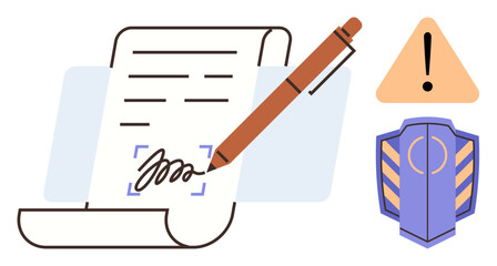 Pen signing document, security shield, and warning icon illustrating agreement, protection, and caution themes. Ideal for compliance, legality, security risk safety trust contract. Simple flat