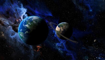 Obraz premium Two planets with rings in a vast nebula