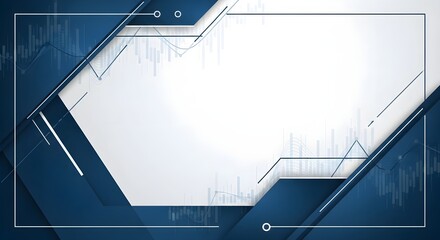 Modern abstract technology background featuring blue geometric shapes and a central white frame for digital presentation content.
