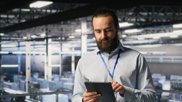 Computer scientists in data center monitoring neural network LLM visualization. Industrial server farm IT professionals overseeing rigs powering machine learning processes - Powered by Adobe