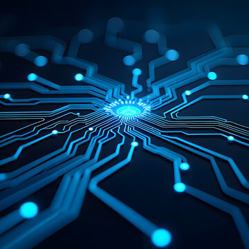 Futuristic Blue Circuit Network with Glowing Microchip Lines and a Central Light Burst &mdash; a Deep-Tech Background for AI and Cybersecurity