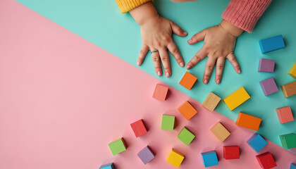 Young child hands engaging with colorful wooden building blocks. Pastel pink and turquoise background enhances creativity and playful learning development for toddlers.