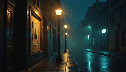 Mysterious urban street at night with flickering lamps, rain. Torn missing person poster on bulletin board evokes loss, intrigue, tension. Empty wet sidewalk reflects light, hinting at ongoing