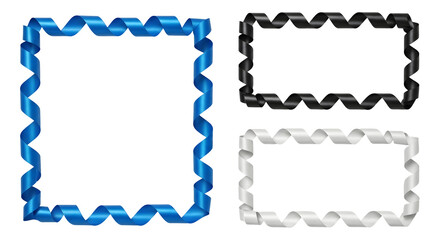 Vector illustration of Ribbon borders with Bows. Linear drawing of Frame in pastel blue, and black colors. Etching for wedding invitations or baby shower greeting cards. Art for party templates. 