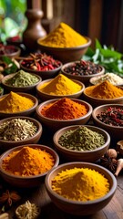 Fototapeta premium Colorful array of spices in small bowls