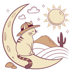 Sundown Glow themed SVG: Peaceful Grumpy Cat with sitting on a moon in a Desert sunset environment