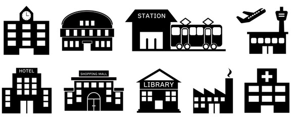 学校・体育館・駅・空港・ホテル・ショッピングモール・図書館・工場・病院の建物アイコンセット