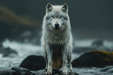 Obraz premium Cinematic Wolf Scene with Muted Gloomy Aesthetics