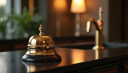 Close-up of shiny gold concierge bell on dark counter. Elegant hotel reception interior with soft lighting, blurred background showing faucet, plant. Sophisticated, luxurious hospitality, service.
