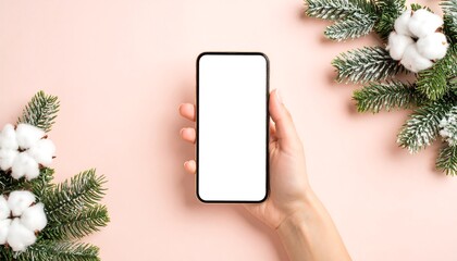 Hand holding smartphone with blank screen, surrounded by Christmas decorations on pink background