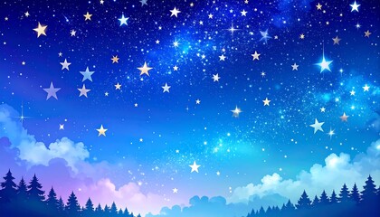 Naklejka premium Night sky over a forest. Stars and clouds