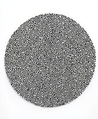 Intricate black and white maze design on circular surface creates captivating visual effect