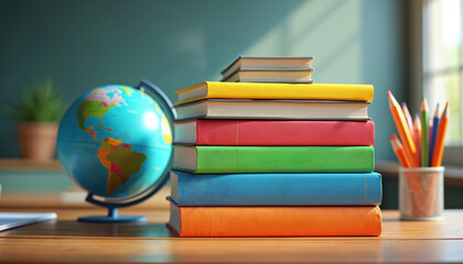 Stack of new colorful textbooks sits on a wooden desk beside a globe and colored pencils. Ideal for educational settings, this image represents learning, teaching, and back to school themes.