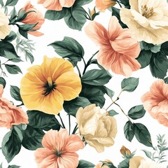 Vibrant floral pattern with hibiscus and rose blooms on a white background