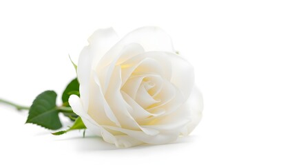 A single, elegant white rose in full bloom, isolated against a clean white background.