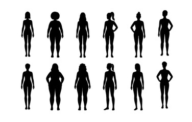 Diverse female silhouettes representing various body types in black on white background