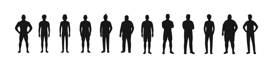Silhouette row of diverse male figures in various outfits highlighting modern styles