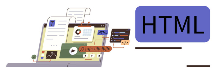 Laptop screen featuring HTML interface, codeblocks, graphs, gears, tools, and multimedia. Ideal for coding, programming, web design app building technology education simple flat metaphor