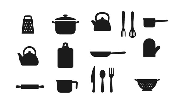 Silhouette kitchen tools collection: essential utensils for home cooking in black and white
