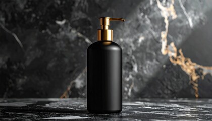 Photo of a black bottle with a gold pump against a granite surface background. An elegant minimalist style with dark tones and soft lighting.
