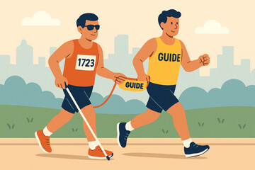 Obraz premium Visually Impaired Marathon Runner with Guide Flat Animated Illustration
