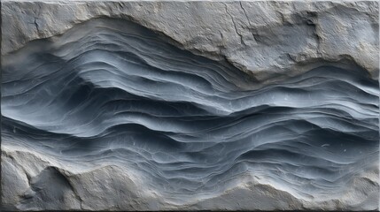 Modern wall sculpture depicting flowing waves carved from grey stone in an artistic style