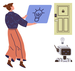 Woman holding lightbulb concept poster, robot with glowing bulb, secure locked door. Ideal for creativity, innovation, technology, smart solutions, problem-solving, security simple flat metaphor