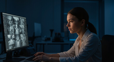 Young woman monitoring security footage on computer at night  