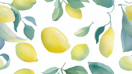 Bright watercolor lemons and leaves pattern on a white background for fresh decor inspiration