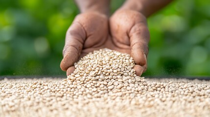 Hands holding a pile of light brown grains or seeds