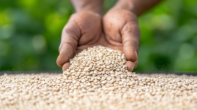 Hands holding a pile of light brown grains or seeds