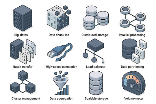 Distributed connection aggregation icon processing data chunk icons parallel vector nodes migration