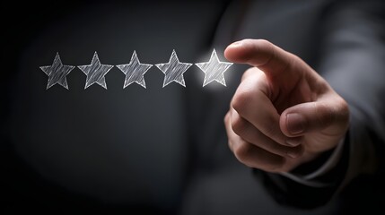 Hand pointing to five star review rating, customer gives positive feedback
