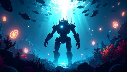 Giant robot in underwater coral reef