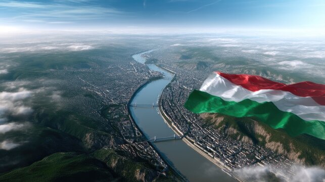 Red white green national flag waving high above a vast urban area, with a wide winding river and green hills under a clear blue sky, celebrating a nation's foundation day.