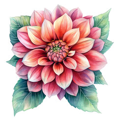 Watercolor illustration of a colorful dahlia flower with layered petals and green leaves radiating from the center