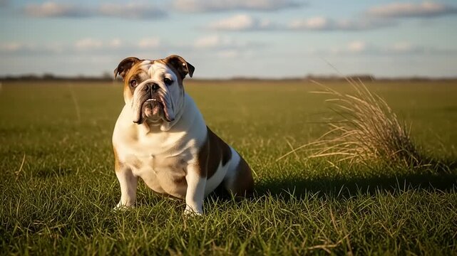 Stately English Bulldog resting in a sunlit grassy meadow, portrait of a purebred canine companion in nature.