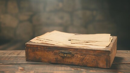 Antique wooden box filled with old papers and documents