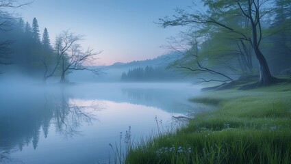 Peaceful Mountain Lake at Dawn with Mist and Reflections &ndash; Serene Nature Landscape Photography
